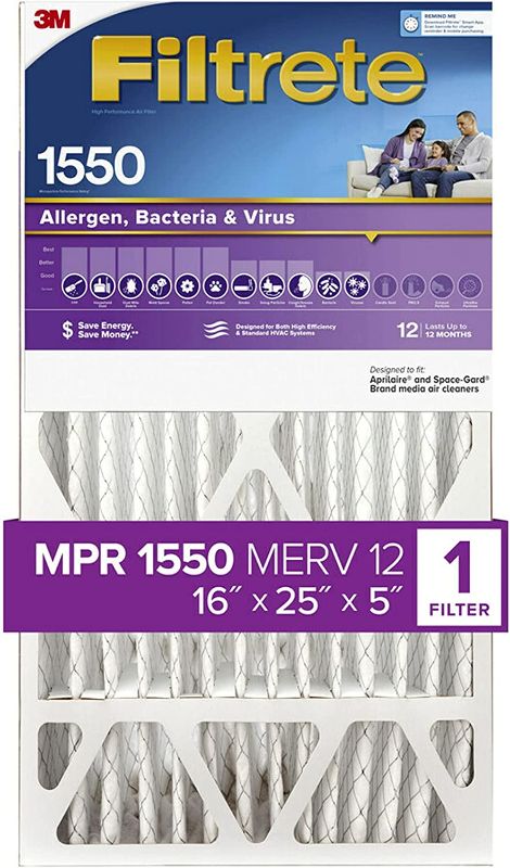 Photo 1 of Filtrete 16x25x5 Furnace Air Filter MPR 1550 DP MERV 12, Healthy Living Ultra Allergen Deep Pleat, 1-Pack, Fits Lennox & Honeywell Devices (exact dimensions 15.62 x 24.12 x 4.87)
