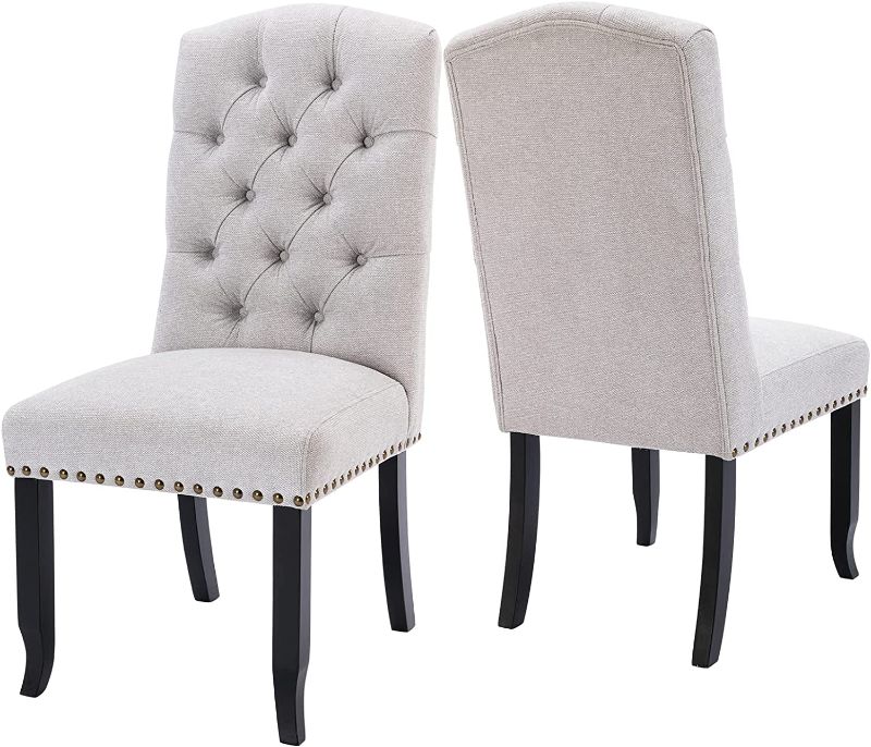 Photo 1 of COLAMY Tufted Dining Chairs Set of 2, Upholstered Parsons Dining Room Chairs, Fabric Kitchen Side Chair with Nailhead Trim and Wood Legs - Light Grey
