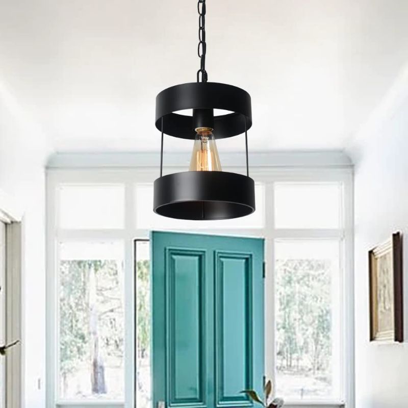 Photo 1 of 1-Light Small Modern Retro Rustic Pendant, Industrial Farmhouse Drum Black Metal Lantern Ceiling Hanging Lighting Fixture for Hallway, Foyer, Kitchen Island, Entryway, Bedroom, UL E26 VE20030 BULB NOT INCLUDED 
