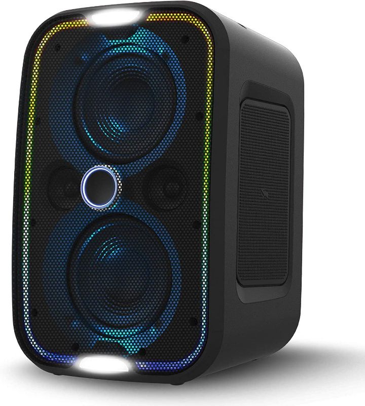 Photo 1 of Brookstone Big Blue Go 60 Watt Wireless Indoor Outdoor Portable Speaker, Built in Qi Charging Pad, LED Light Show, Bluetooth 5.0, IPX5 Water Resistant, Tap to Link Multiple Speakers, Karaoke Mic Input  +++ FACTORY SEALED ITEM +++
