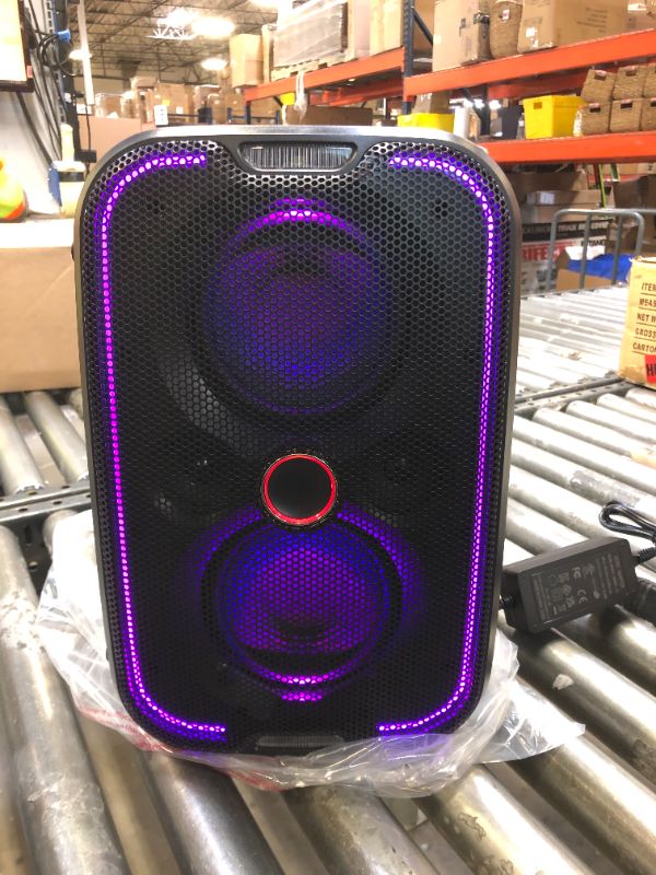 Photo 2 of Brookstone Big Blue Go 60 Watt Wireless Indoor Outdoor Portable Speaker, Built in Qi Charging Pad, LED Light Show, Bluetooth 5.0, IPX5 Water Resistant, Tap to Link Multiple Speakers, Karaoke Mic Input  +++ FACTORY SEALED ITEM +++
