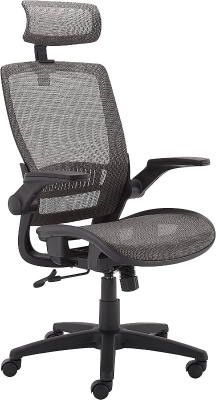 Photo 1 of Amazon Basics Ergonomic Adjustable High-Back Mesh Chair with Flip-Up Arms and Headrest, Contoured Mesh Seat - Grey
