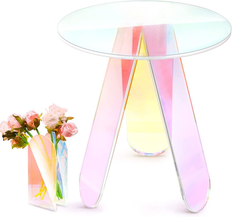 Photo 1 of 2 Pcs Clear Acrylic Table and Vase Set Acrylic Coffee Table Iridescent Side Table Round End Table Modern Night Stand for Office Home Decor (Rainbow Color, 3 Legs Style)