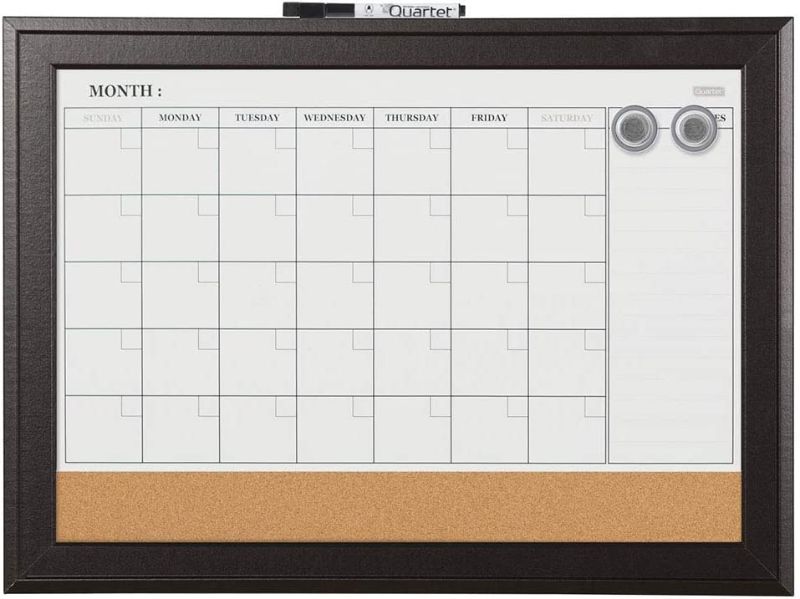 Photo 1 of Quartet Combination Magnetic Whiteboard Calendar & Corkboard, 17" x 23" Combo Dry Erase White Board & Cork Bulletin Board, Perfect for Office, Home School Message Board, Black Frame (79275)  *** ITEM HAS SCRATCHING ON THE FRAME ***

