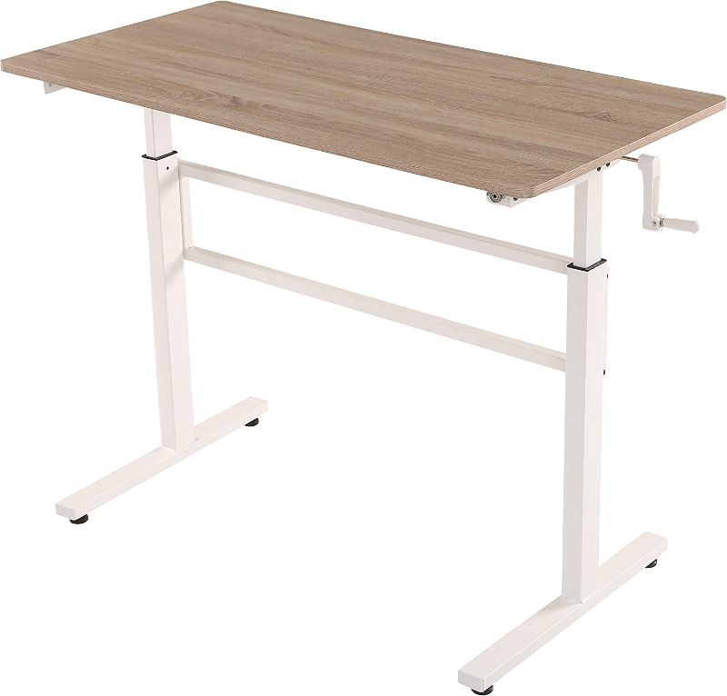 Photo 1 of SDADI Crank Adjustable Height Standing Desk - Sit to Stand up Desk, Home Office Desk Computer Workstation, White Frame/Light Maple Top
