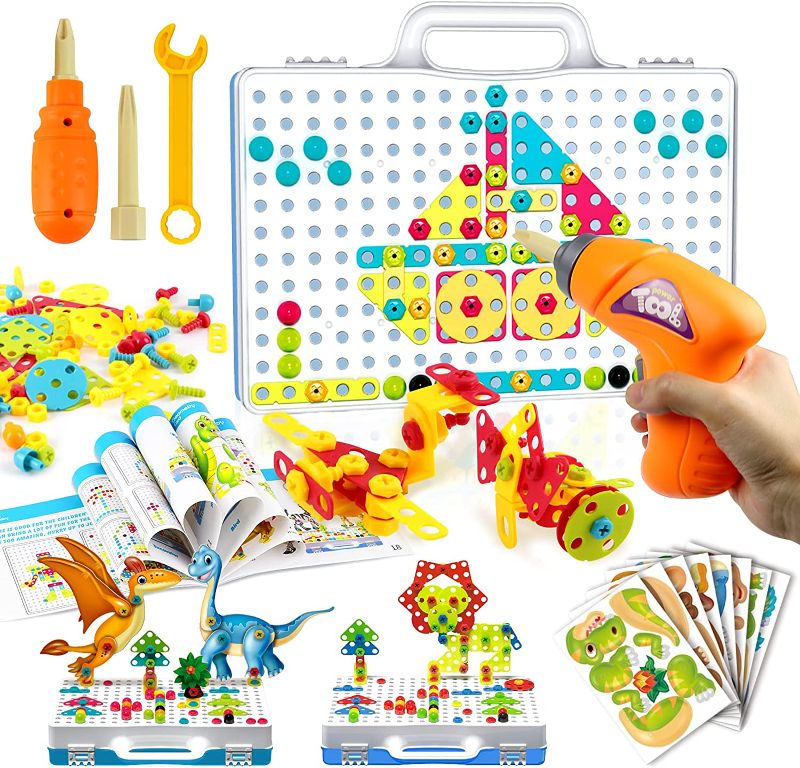 Photo 1 of GALOPAR Stem Toys for 2 3 4 5 6 Year Old, 257 Pcs Toy Drill for Kids, Creative Mosaic Drill Set, Electric Drill Puzzle Toys 3D Construction Engineering Building Blocks for Boys Girls

