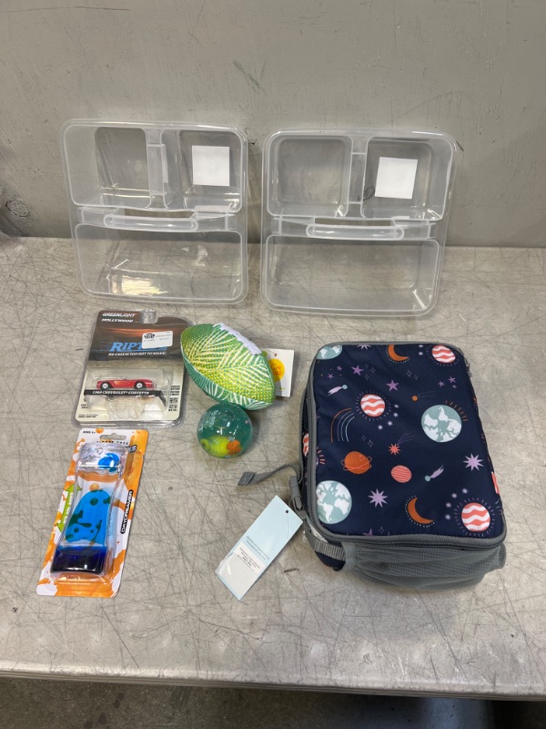 Photo 1 of 7 Pcs- Kids Toys & Accessories. 2 caddies, 1 football, 1 light up bounce ball, outer space lunch bag, fidget toy, toy car