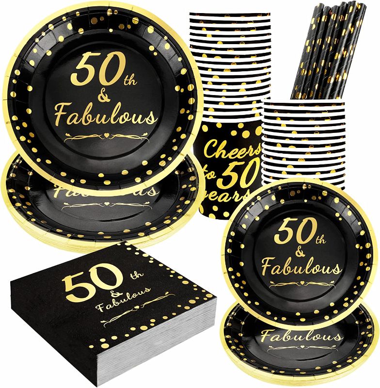 Photo 1 of 50th Birthday Paper Plates and Napkins, Disposable 50 Years Anniversary Tableware for 24 Guests, Include 7” Paper Plates,9” Plates, 7 oz Cups, Napkins and Straws

