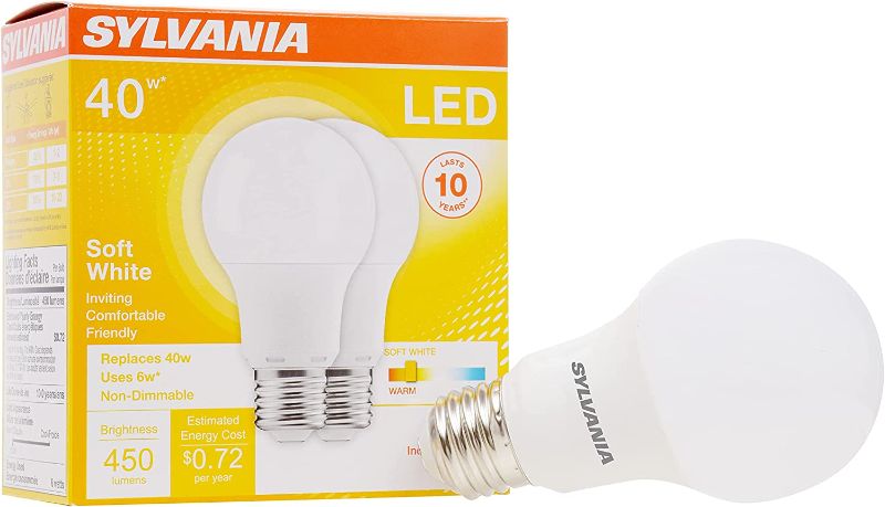 Photo 1 of SYLVANIA LED Light Bulb, 40W Equivalent A19, Efficient 6W, Medium Base, Frosted Finish, 450 Lumens, Soft White - 12Pack (74077)
