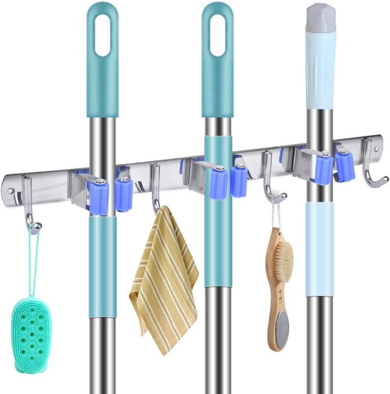 Photo 1 of Broom and Mop Holder Wall Mounted, 3 Position 4 Hooks Garage Organization Holds up to 7 Tools, Stainless Steel Heavy Duty Broom Holder Organizer for Cleaning Supplies Organizer, Laundry Room Storage
