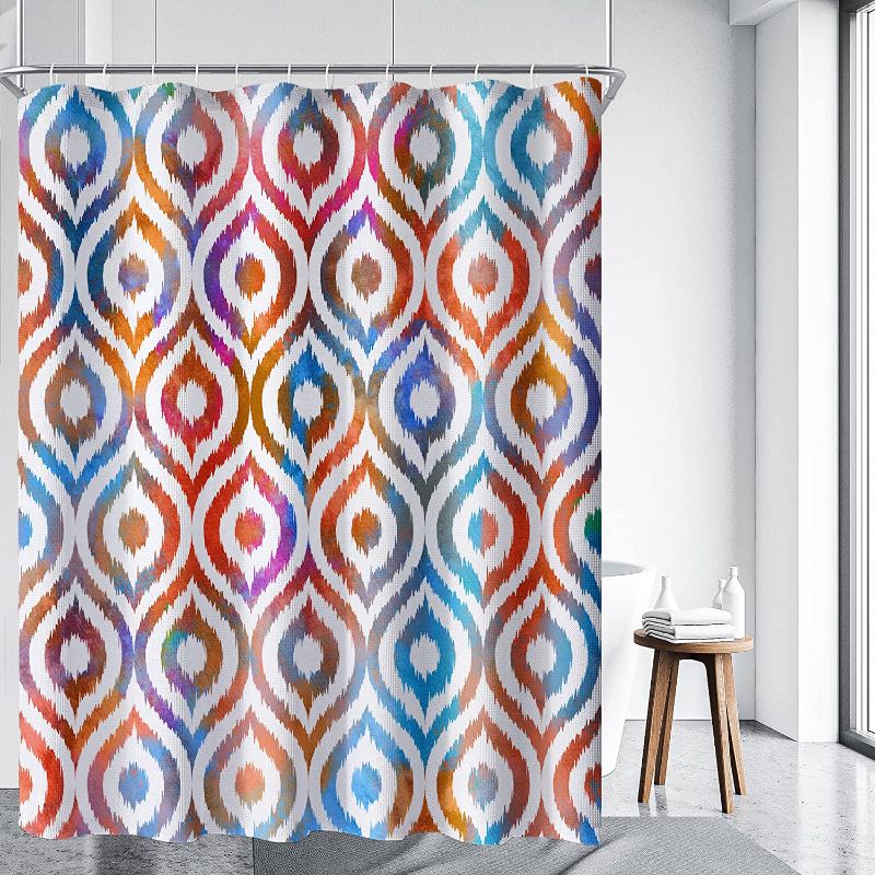 Photo 1 of Colorful Shower Curtain Geometric Multi Color Shower Curtain for Bathroom Ombre Modern Rainbow Waterproof Fabric Shower Curtain Set Washable Bath Decor with 12 Hooks 72x72 inch 2 Hooks 72x72 inch
