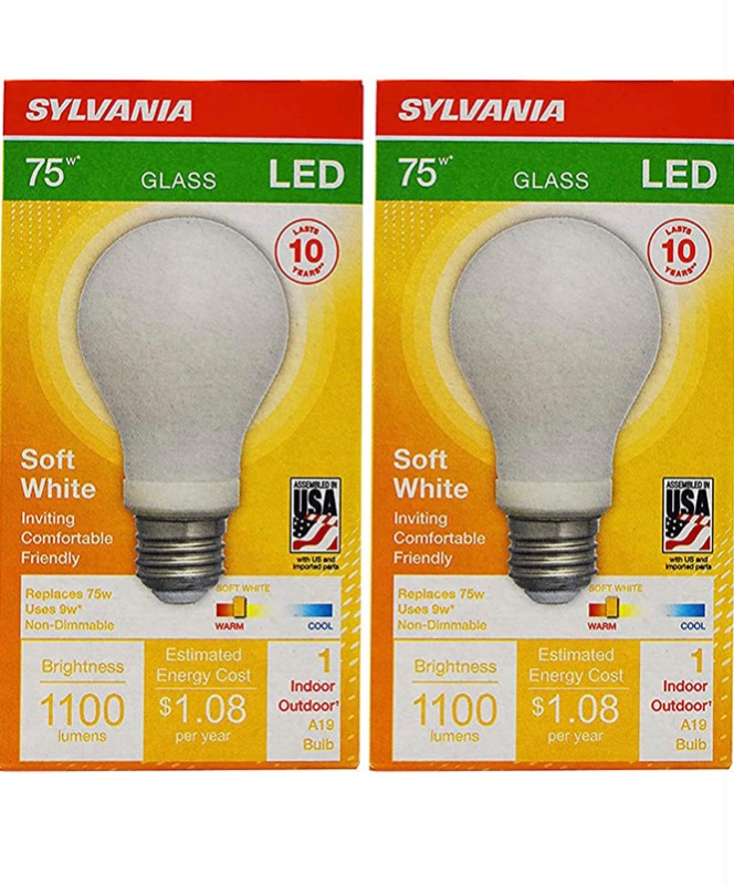 Photo 1 of Sylvania High Definition LED Bulbs - 75w Replacement (Uses 9w) - 1100 Lumens - 2700 Kelvin - A19 - Non-Dimmable (2 Pack)