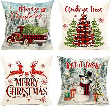 Photo 1 of Christmas Pillow Covers,Snowman Pillow Covers 18x18, Holiday Farmhouse Truck and Tree Pillow Covers Set of 4 Outdoor, Linen Christmas Pillow Covers for Home Sofa Decor
