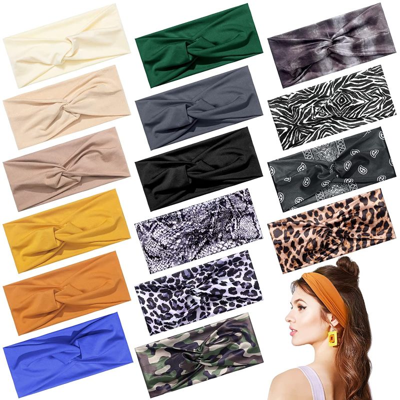 Photo 1 of 16 Pieces Headbands for Women Non Slip Wide Head Wraps Knotted Elastic Teen Girls Yoga Workout Solid Color Hair Accessories