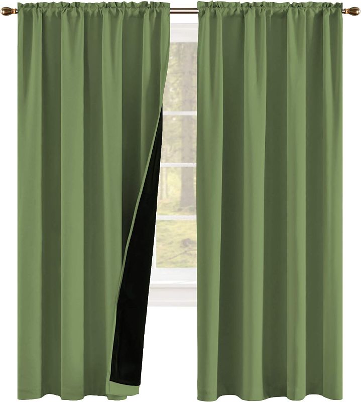 Photo 1 of 96 Inch Length 100 Pct Blackout Curtains for Bedroom - Heat and Full Light Blocking Drapes for Nursery Super Heavy Energy Saving Double Layer Rod Pocket Curtains (2 Panels Sage Green)