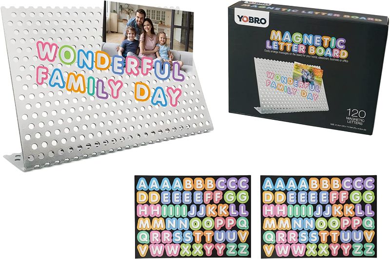 Photo 1 of YOBRO Magnetic Bulletin Board with Stand, Message Board with 120 Letter Magnets, Small Magnetic Board for Office Home Decor, Desktop Magnet Memo Board for Photos, Message, Memo, Sticky Note