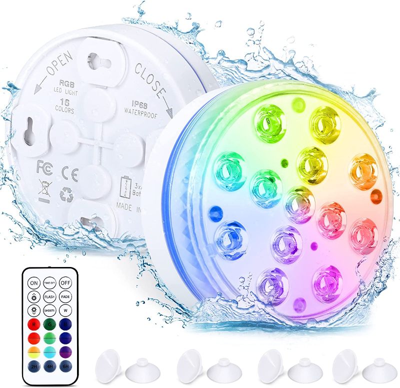 Photo 1 of Pool Lights, Submersible LED Light, Underwater Pond Lights with RF Remote 13 Bright Beads 16 RGB Color, Magnets, Suction Cups Battery Operated Shower Light for Pool, Pond, Party Decor (2Pack)