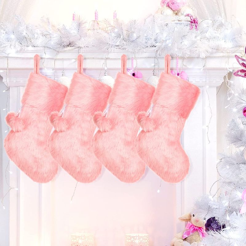 Photo 1 of Boao 20 Inch Christmas Stockings Snowy Faux Fur Christmas Stocking for Holiday Party Christmas Fireplace Decorations (Pink,4 Pieces)