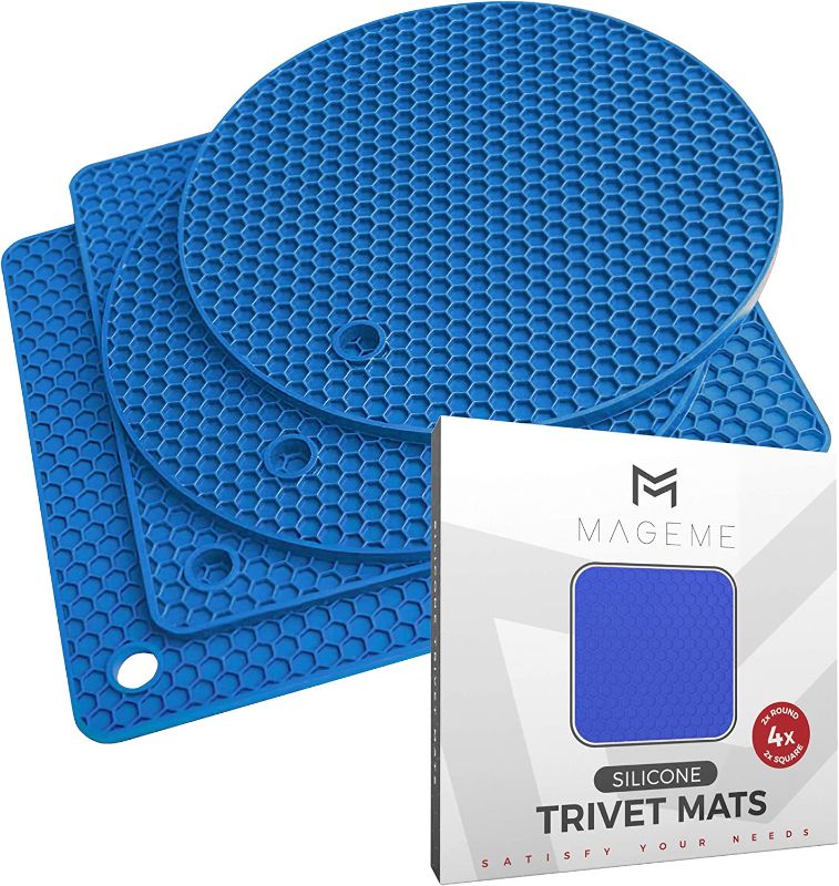 Photo 1 of Blue Silicone Trivet Mats, MAGEME 4-Pack Premium Silicone Trivets for Hot Dishes, Hot Pot and Pans, Pot Holders, Hot Pads, Multipurpose Kitchen Tool, Flexible, Non-Slip and Heat Resistant to 440°F