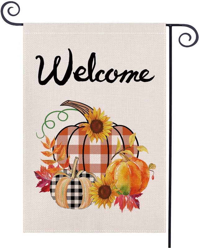 Photo 1 of 2 COUNT Fall Garden Flag, Welcome Pumpkin and Flower Sign Burlap Fall Flag Double Sided Autumn Garden Flags for Outside Garden Yard Lawn Thanksgiving Decoration(12.5 x 18 Inch)