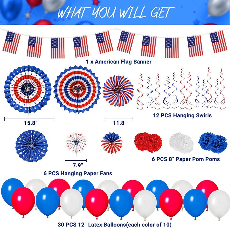 Photo 2 of 3 COUNT 55Pcs Labor Day Decorations Labor Day Party Supplies, Red White and Blue Decorations Balloons American Flag Banner Hanging Paper Fans Swirls for USA Independence Day Memorial Day Home Decor