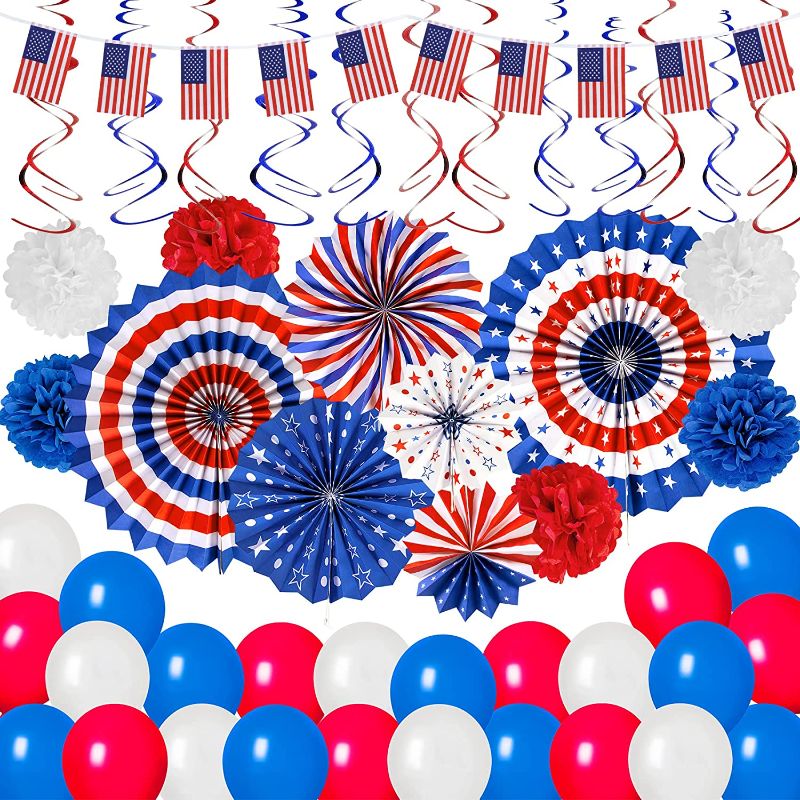 Photo 1 of 3 COUNT 55Pcs Labor Day Decorations Labor Day Party Supplies, Red White and Blue Decorations Balloons American Flag Banner Hanging Paper Fans Swirls for USA Independence Day Memorial Day Home Decor