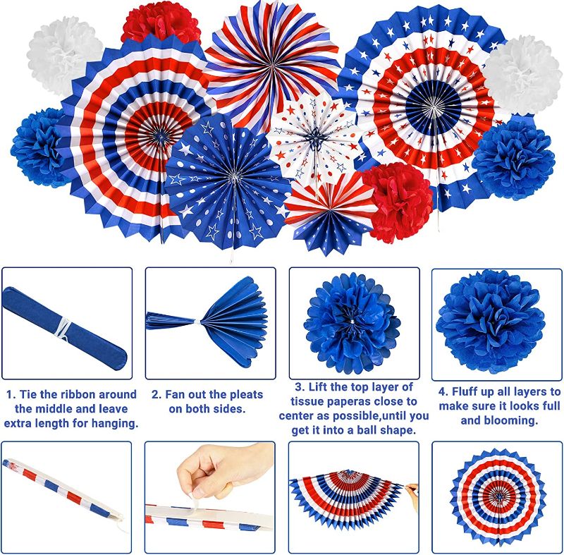 Photo 3 of 3 COUNT 55Pcs Labor Day Decorations Labor Day Party Supplies, Red White and Blue Decorations Balloons American Flag Banner Hanging Paper Fans Swirls for USA Independence Day Memorial Day Home Decor