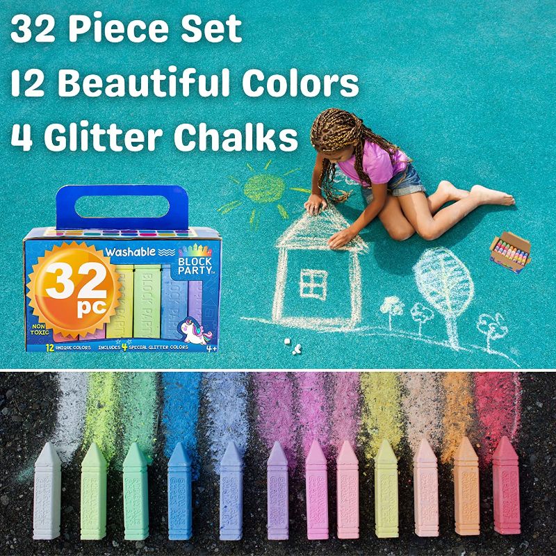 Photo 2 of Block Party Sidewalk Chalk 32-Piece Art Set - BIG BOLD Colors Includes 4 Glitter Chalk That Sparkle, Square Non-Roll Kids Chalk, Washable