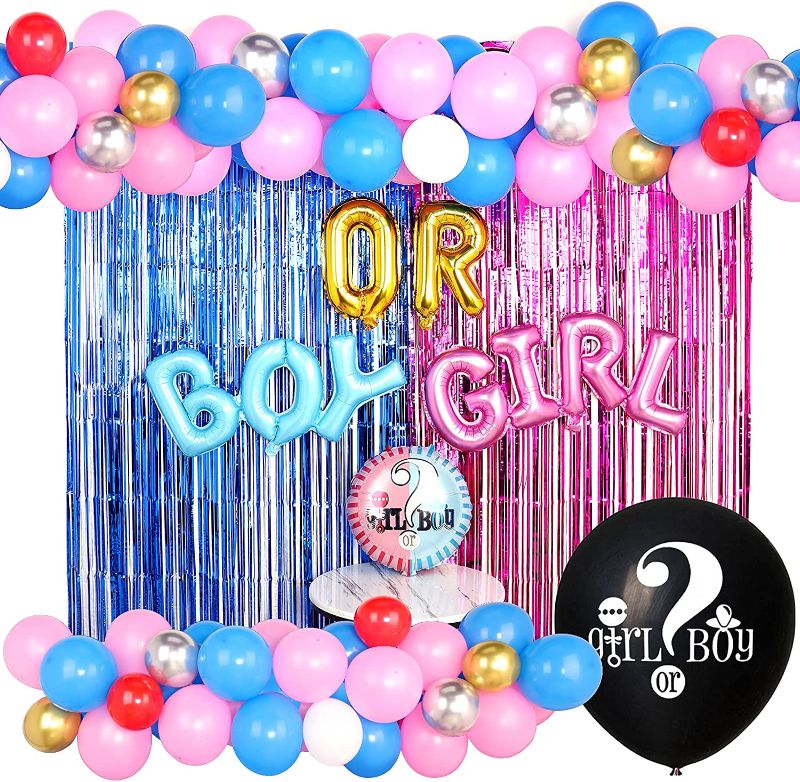 Photo 1 of Baby Gender Reveal Decorations Party Supplies All In One Kit With 36 Inch Big Reveal Balloons,8 Style Balloons With Metallic Fringe Curtains All Necessary Accessories.(Brightening Up Day Kit)