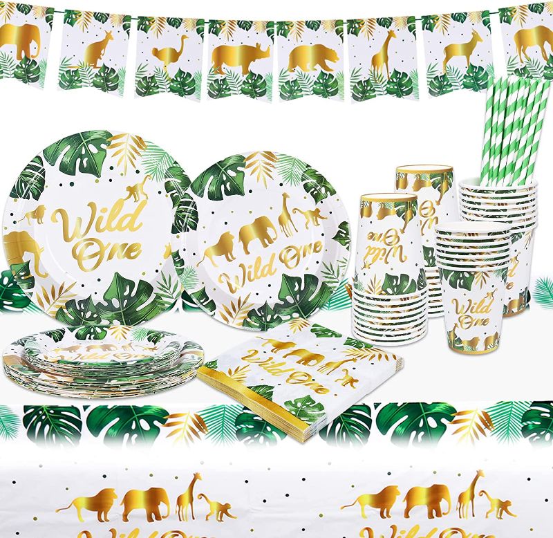 Photo 1 of Antsparty Wild One Birthday Plates and Cups Napkins for 16 Guests, Safari Birthday Plates Napkins Cups Tablecloth Banner for Baby 1st Birthday Decorations