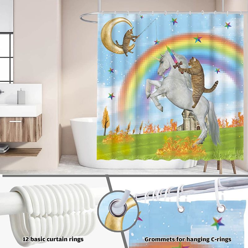 Photo 2 of Allenjoy 72x72 Funny Cat with Sword Shower Curtain for Bathroom Set Awesome Unicorn Battle Home Bath Decor Decoration Durable Waterproof Fabric Machine Washable Curtains with 12 Hooks