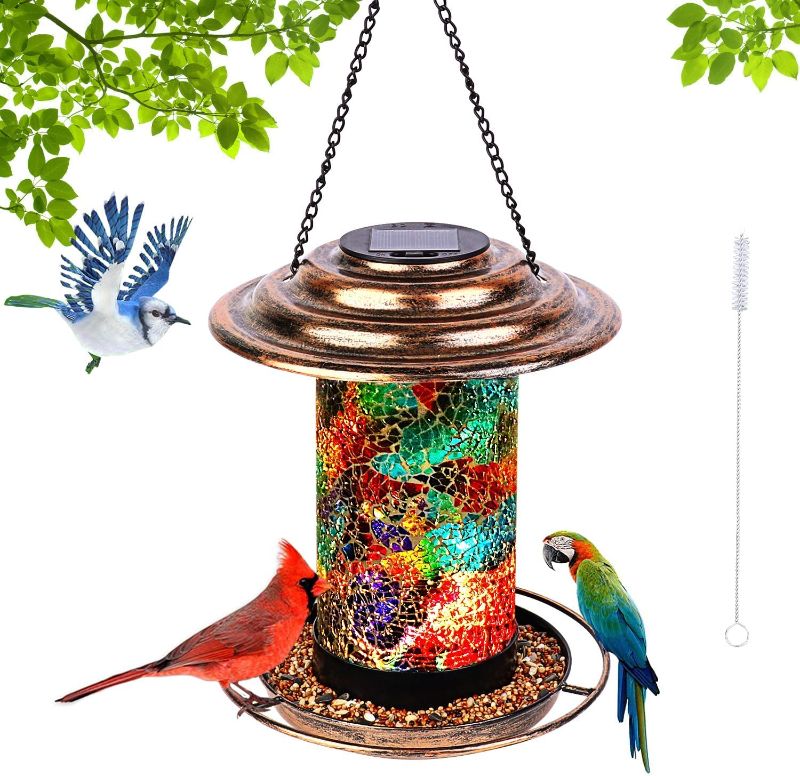 Photo 1 of Bird Feeders for Outdoors Hanging, Metal Wild Bird Feeder for Cardinals Solar Garden Lantern Birdfeeder 2LBs Large Capacity 360°Feeding Mosaic Glass Waterproof Bird Feeder with S Hook and Brush