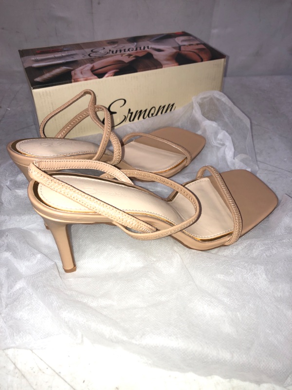 Photo 2 of ERMONN WOMENS SQUARE TOE HIGH HEELS , STRAP SLINGBACK SEXY SANDALS , NUDE / BEIGE , SIZE 11 