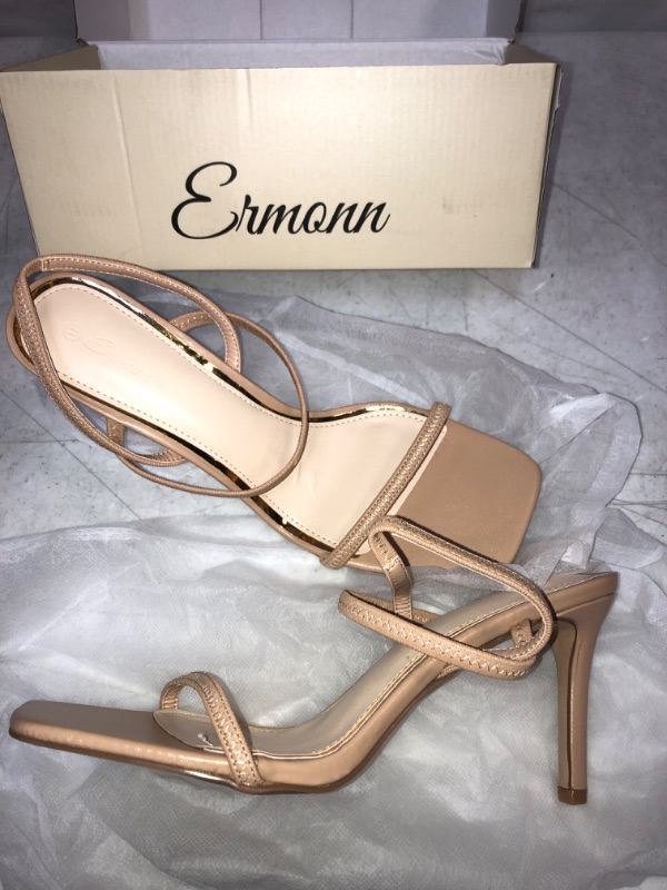 Photo 1 of ERMONN WOMENS SQUARE TOE HIGH HEELS , STRAP SLINGBACK SEXY SANDALS , NUDE / BEIGE , SIZE 11 
