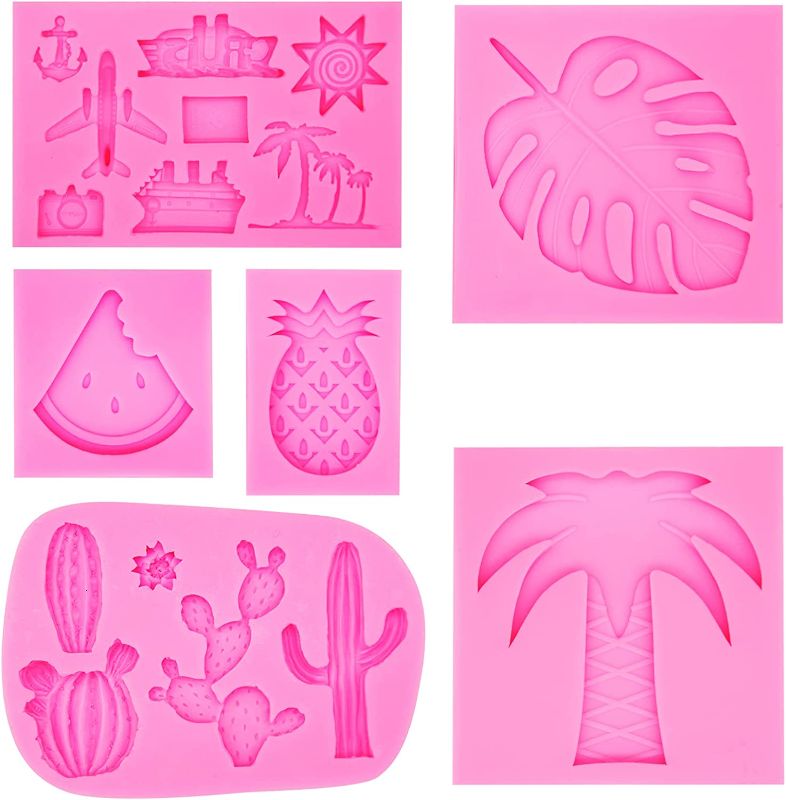 Photo 1 of 6 Pcs Hawaiian Theme Cake Fondant Mold, Luna Party Supplies Cactus Palm Leaves Pineapple Candy Molds, Tropical Cake Decoration Hawaiian Baby Shower Resin Mold for Sugar Craft Chocolate Polymer