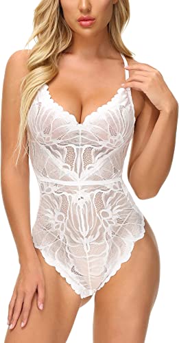 Photo 1 of Aranmei Women's Snap Crotch Lingerie Sexy Lace Bodysuit Exotic Teddy One Piece Lingerie - SMALL - WINE RED -