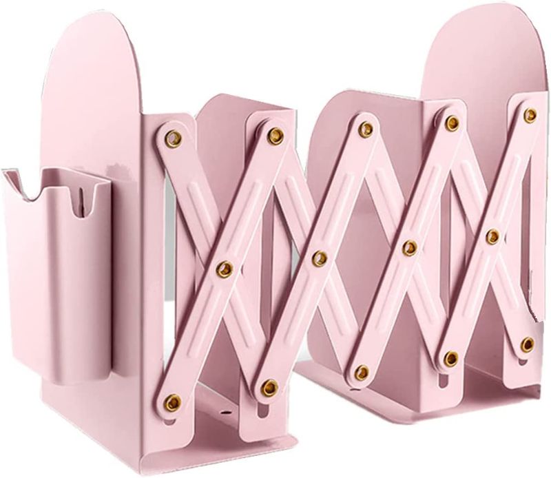 Photo 1 of Expandable Bookshelf with Pen Holder Adjustable Bookends Metal Iron Bookends Book Ends Adjustable Book Organizer Holders Nonslip Book Stander for Desk (Pink)