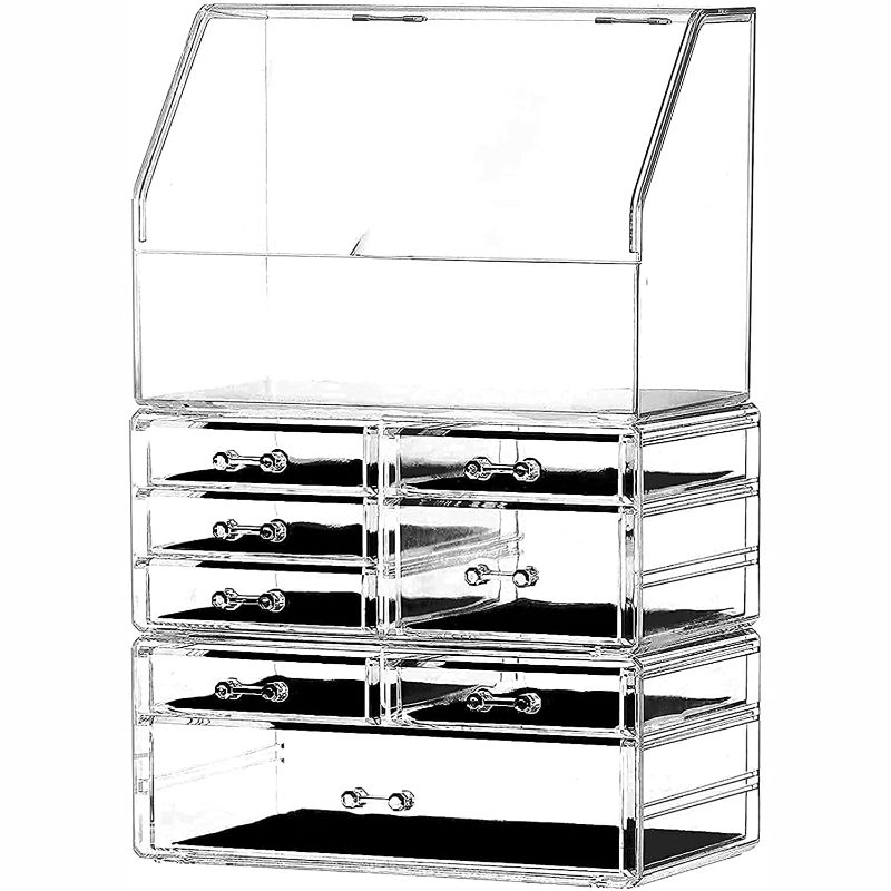Photo 1 of Cq acrylic Cosmetic Display Cases With LId Dustproof Waterproof for Bathroom Countertop Stackable Clear Makeup Organizer and Storage With 8 Drawers,Set of 3
---- factory sealed --- 