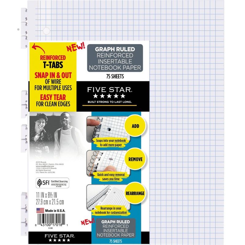 Photo 1 of Five Star Reinforced Insertable Notebook Paper Graph Ruled 8 1/2 X 11 75 Sheets/Pack - 900 SHEETS TOTAL
