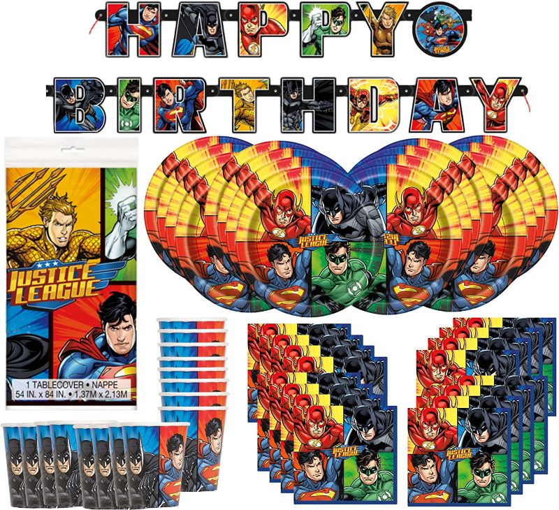 Photo 1 of DC Comics Justice League Superheros Birthday Party Supplies Pack Bundle serves 16 ; Plates, Cups, Napkins, Banner, & Table Cover
