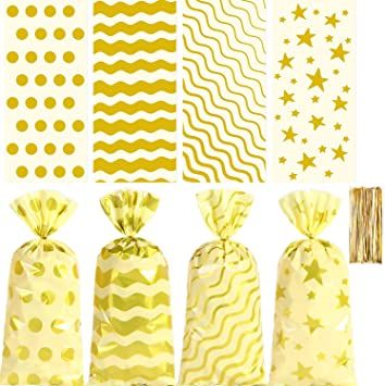 Photo 1 of 120pcs Cellophane Bags, Gold Candy Cookie Favor Bags, Plastic Gift Bags with Twist Ties for Birthday Wedding Favors Party Supply Bags (4 Pattern)