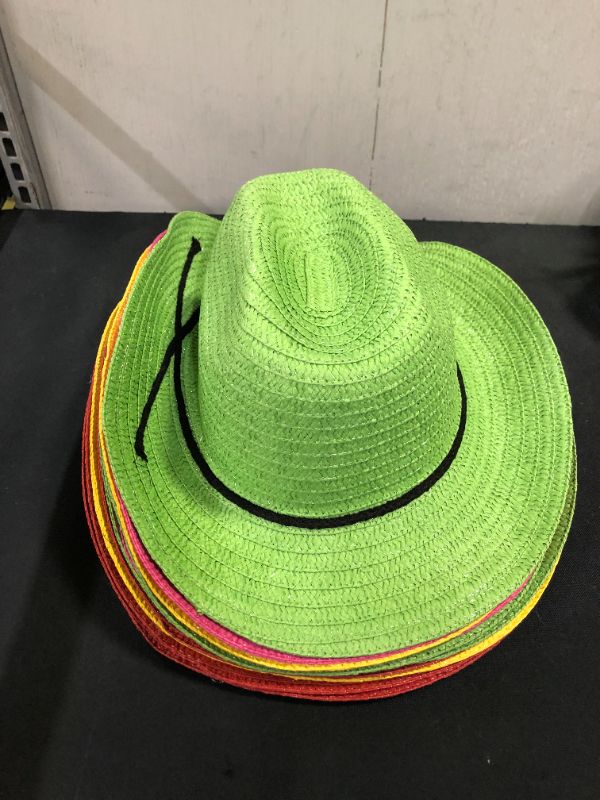 Photo 2 of 12 Piece Colorful Cowboy Hats - Adult Western Colorful Straw Hats for Western Theme Party -SIDE HAS BENT--