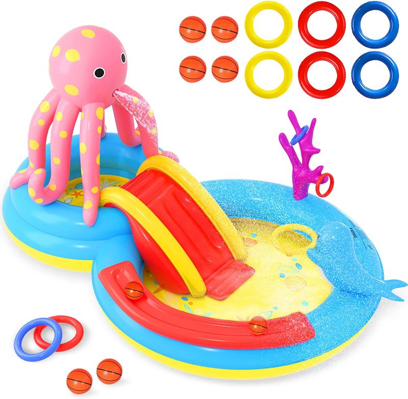 Photo 1 of Inflatable Play Center, Kids Kiddie Pools with Slide for Outdoor Garden Backyard Water Park, Octopus Dolphin Ball Roll Toss Games for Toddler Outside Summer, 117'' X 73.2'' X 65'' --FACTORY SEALED --
