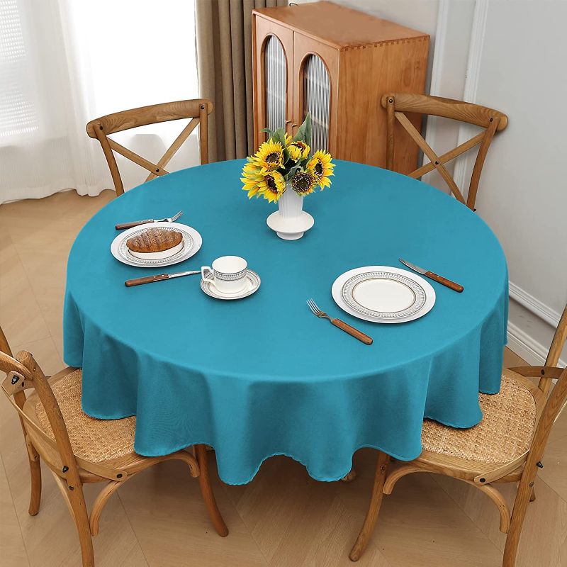 Photo 1 of AZON Round Washable Polyester Tablecloth,108x108 Inch,Great for Tables,Parties,Holiday Dinner,Wedding and Banquet,Lakeblue 108 INCH
