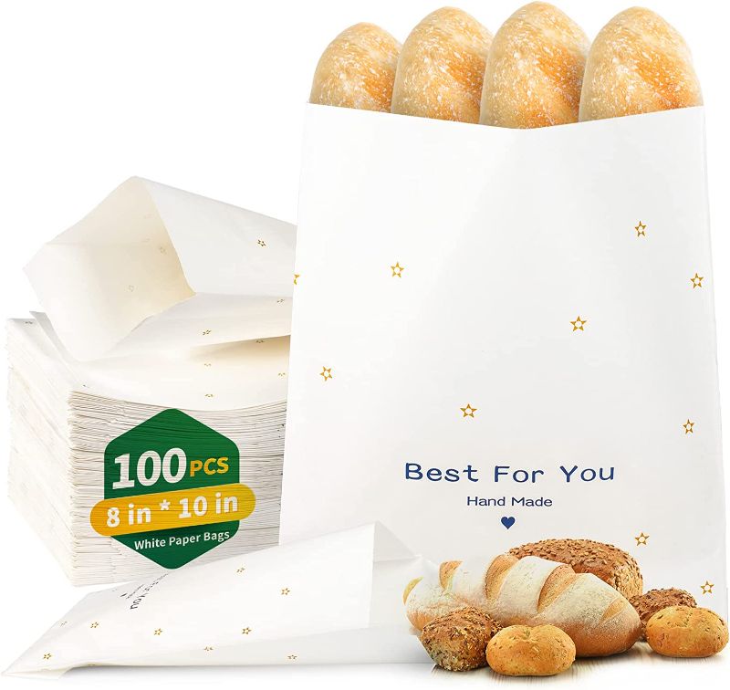 Photo 1 of 100 PCS Paper Bags,8"x10" Paper Sandwich Bags Food Grade Grease Resistant, White with Golden Star Paper Stock Bags for Bakery Cookies,Candies,Treats,Snacks,Sandwiches
