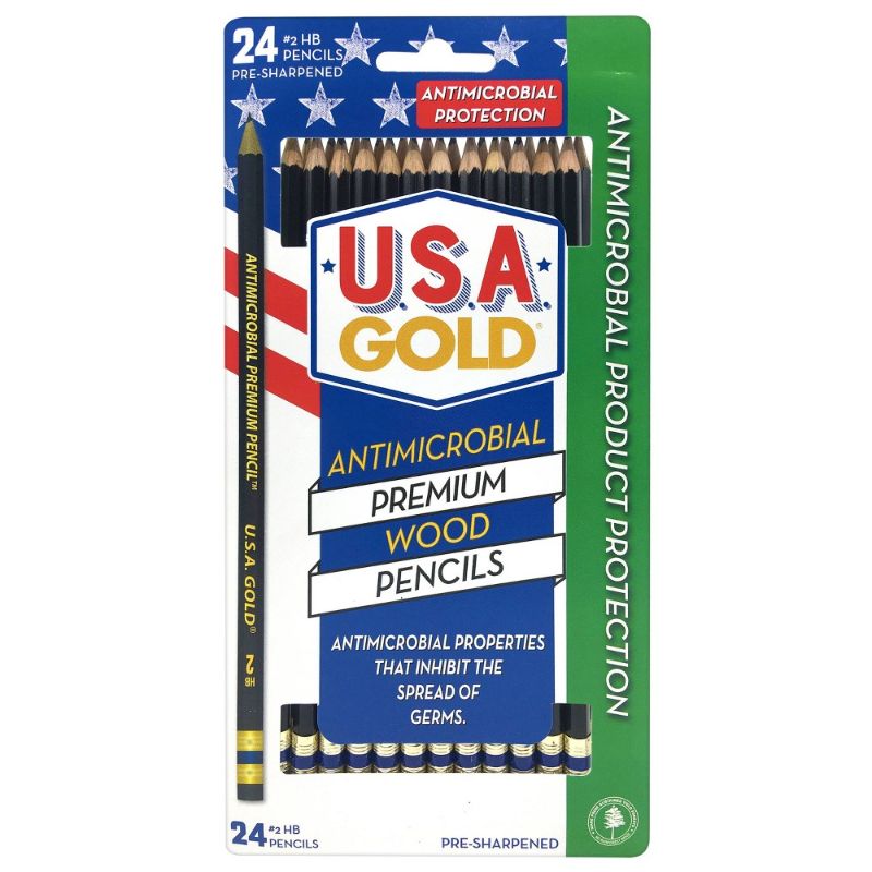 Photo 1 of 24ct #2 HB Antimicrobial Black Pencils 2mm Pre-sharpened Premium American Wood - U.S.a. Gold 4PACK
