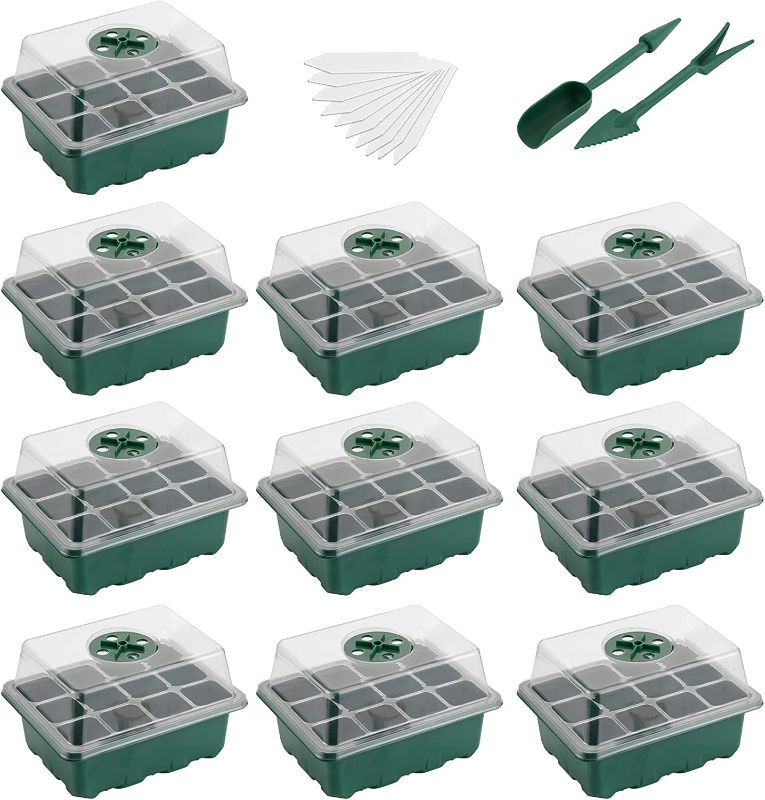 Photo 1 of Ahomdoo 10 Pack Seed Starter Tray, Humidity Adjustable Plant Germination Trays with 120 Cells, Seed Starting Trays and Base Mini Greenhouse Germination Kit for Seeds
