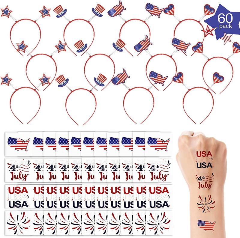 Photo 1 of 4th of July Patriotic Party Favors,60 Pcs Fourth of July Accessories of Patriotic Head Boppers Headband,Patriotic Tattoos for Independence Day Decorations,Patriotic Parade,Memorial Day Commemoration
