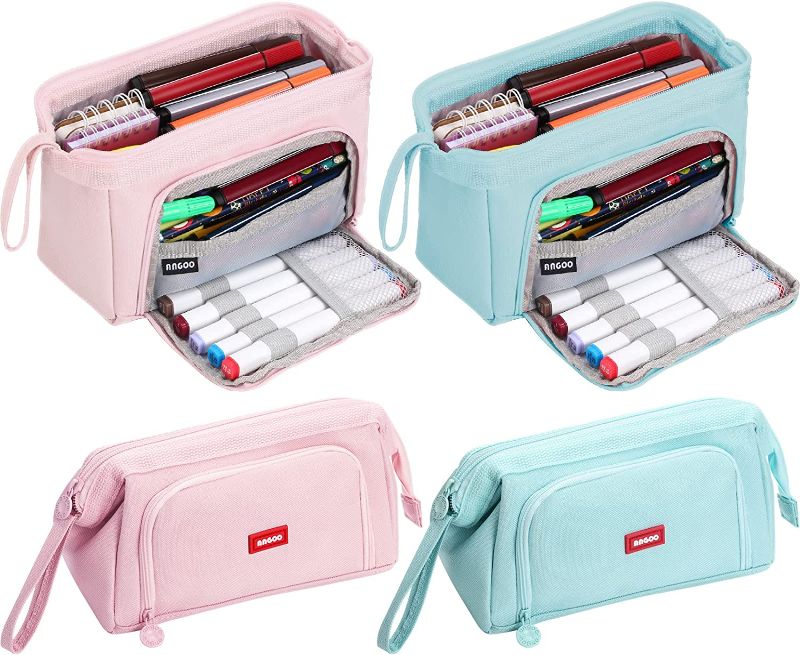 Photo 1 of 2 Pack Large Capacity Pencil Case Multifunctional Pencil Storage Pouch Canvas Pen Case Portable Stationery Bag Cosmetic Bag School College Office Organizer for Teen Girl Boy Men Women, Pink and Blue
