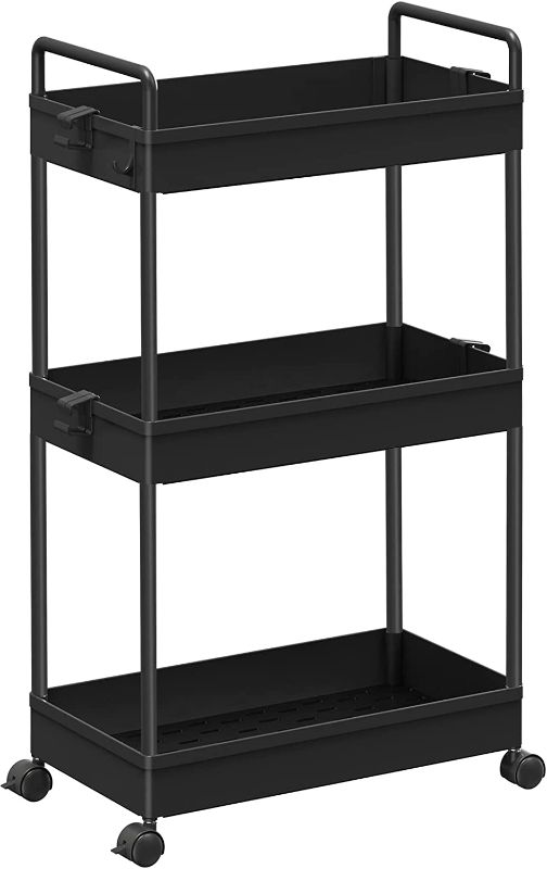 Photo 1 of SOLEJAZZ Rolling Storage Cart, 3 Tier Utility Cart Mobile Slide Out Organizer, Bathroom Standing Rack Shelving Unit Organizer for Kitchen, Bathroom, Laundry Room, Black
